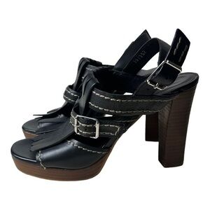 Elvio Zanon Black Leather Fringe Style Heel Platform Sandals Size 39 (US 8.5)